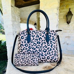 Kate Spade Graphic Leopard Large Satchel & Wallet Brown black NWT